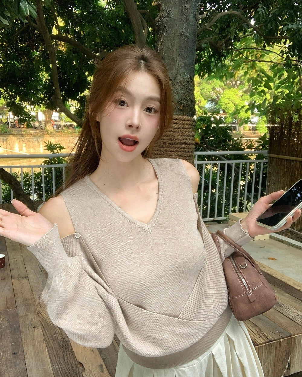 Cold-Shoulder V-Neck Criss-Cross Knit Top