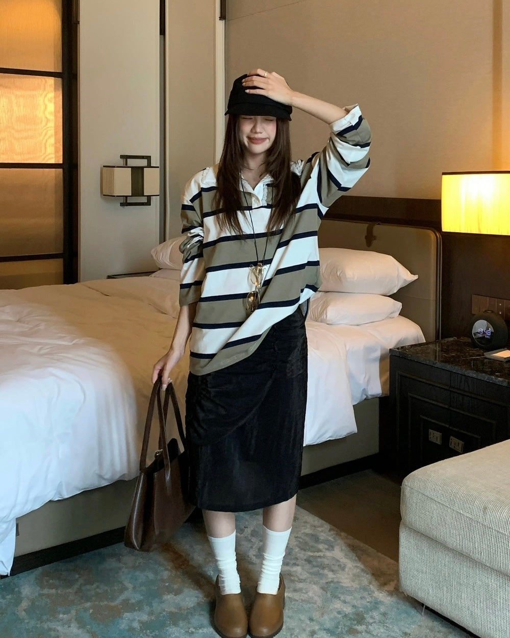 Lace-Trim Striped Polo Shirt with Oversized Fit