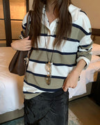 Lace-Trim Striped Polo Shirt with Oversized Fit