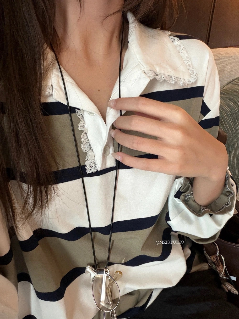 Lace-Trim Striped Polo Shirt with Oversized Fit