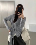 Tie-Waist Button-Front Long-Sleeve Top