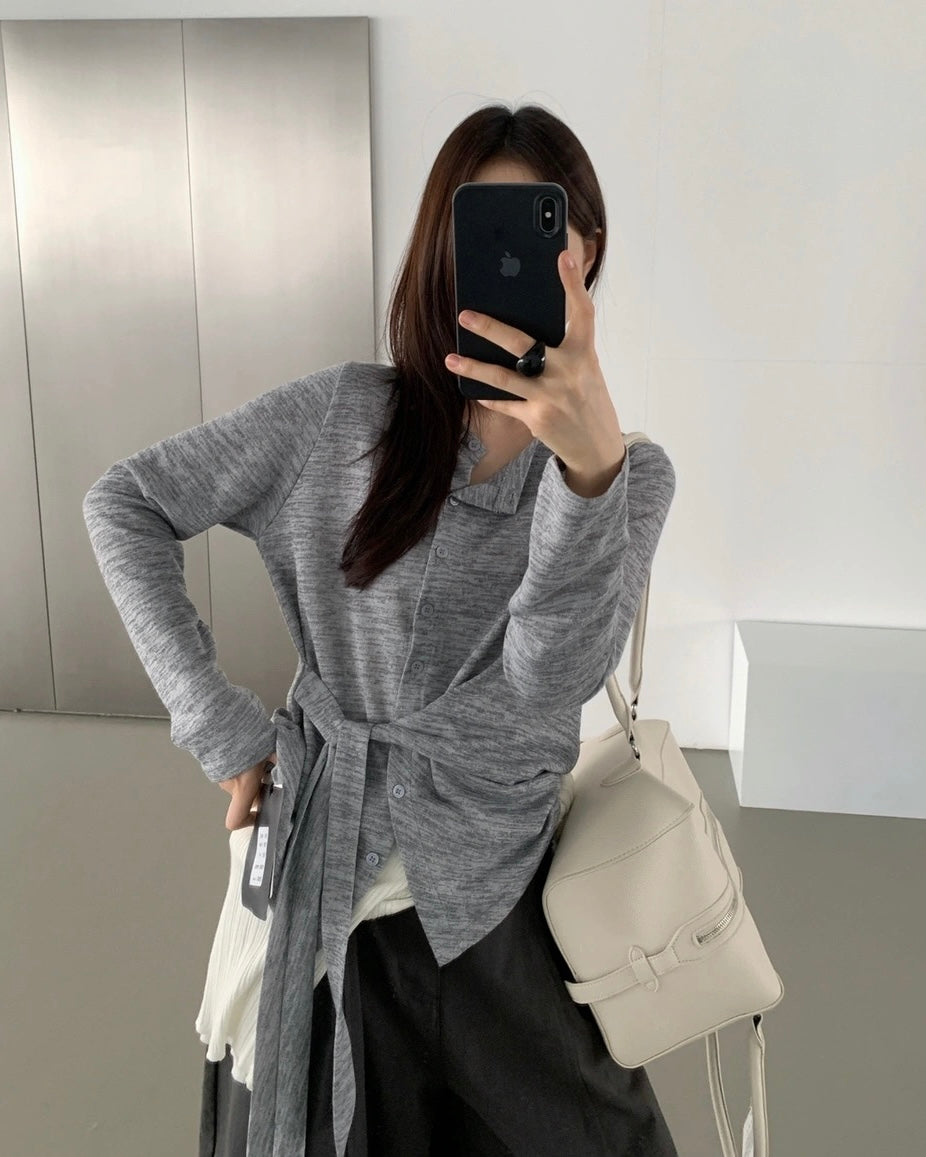 Tie-Waist Button-Front Long-Sleeve Top
