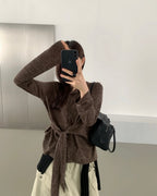 Tie-Waist Button-Front Long-Sleeve Top