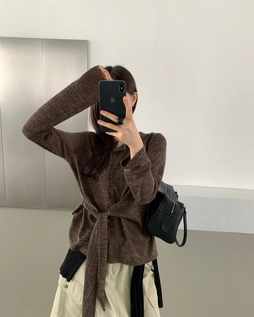 Tie-Waist Button-Front Long-Sleeve Top