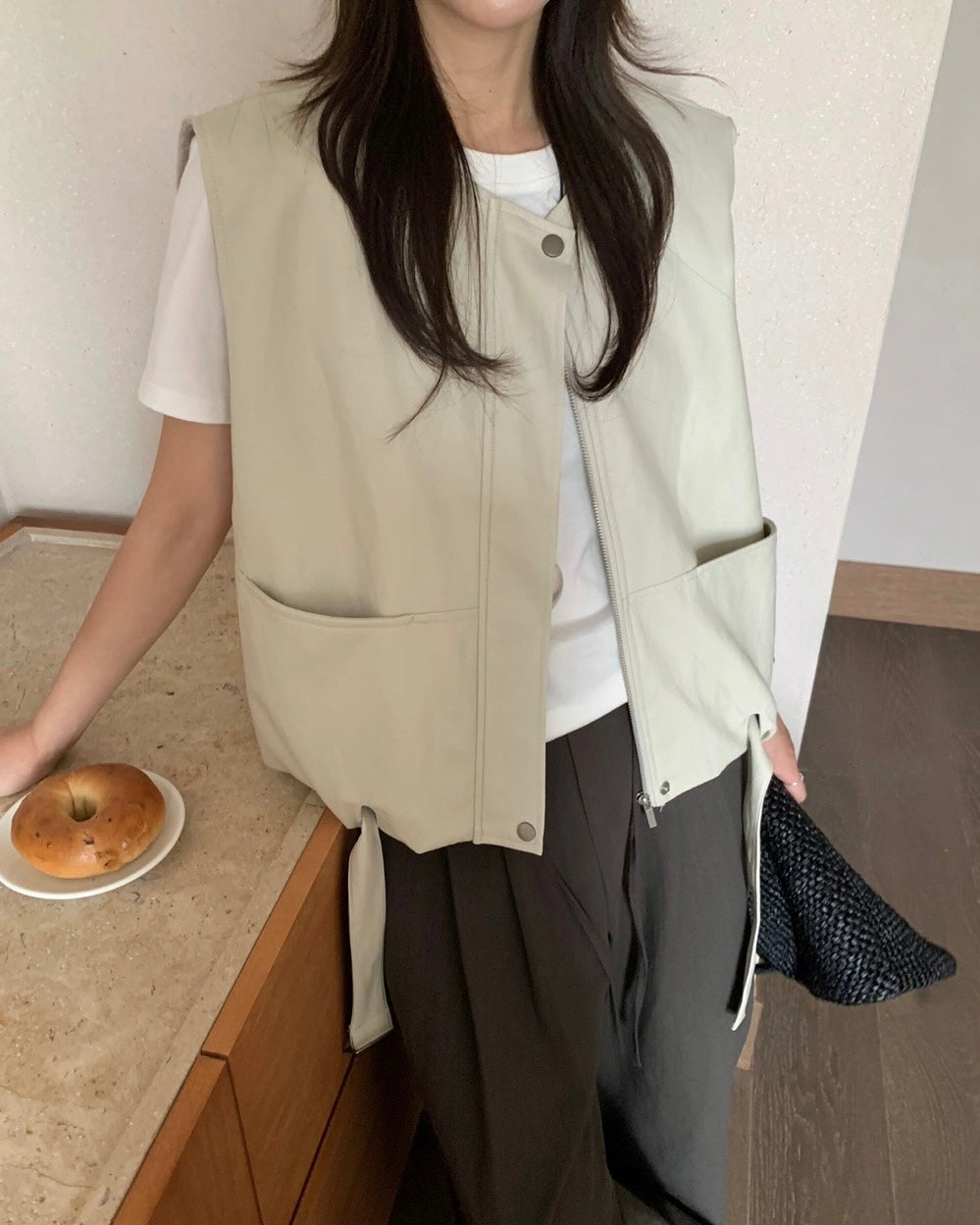 Faux Leather Zip-Front Vest with Side Pockets