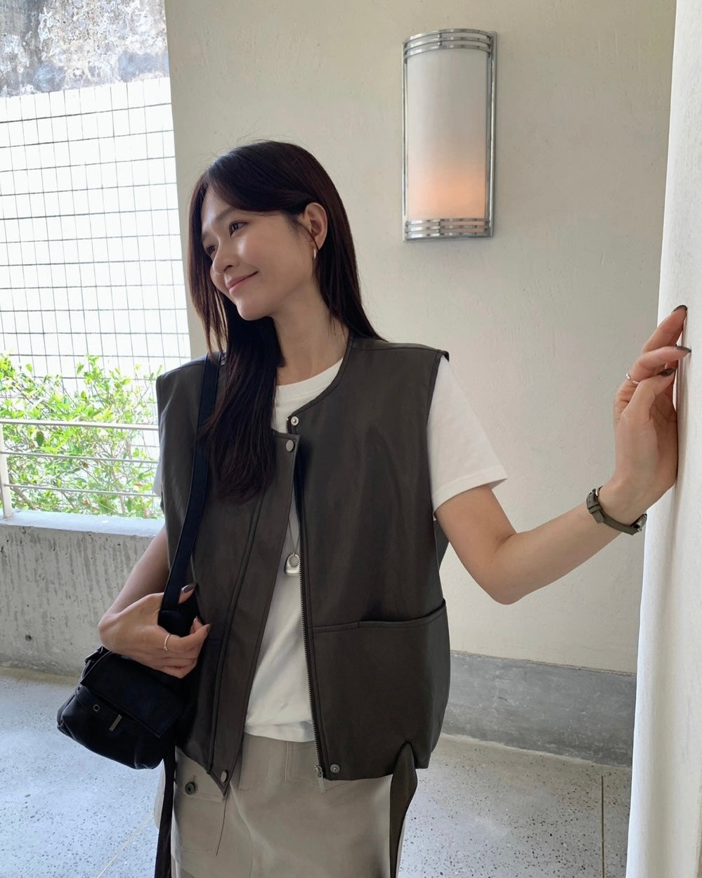 Faux Leather Zip-Front Vest with Side Pockets