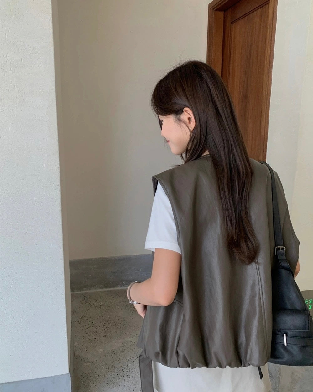 Faux Leather Zip-Front Vest with Side Pockets