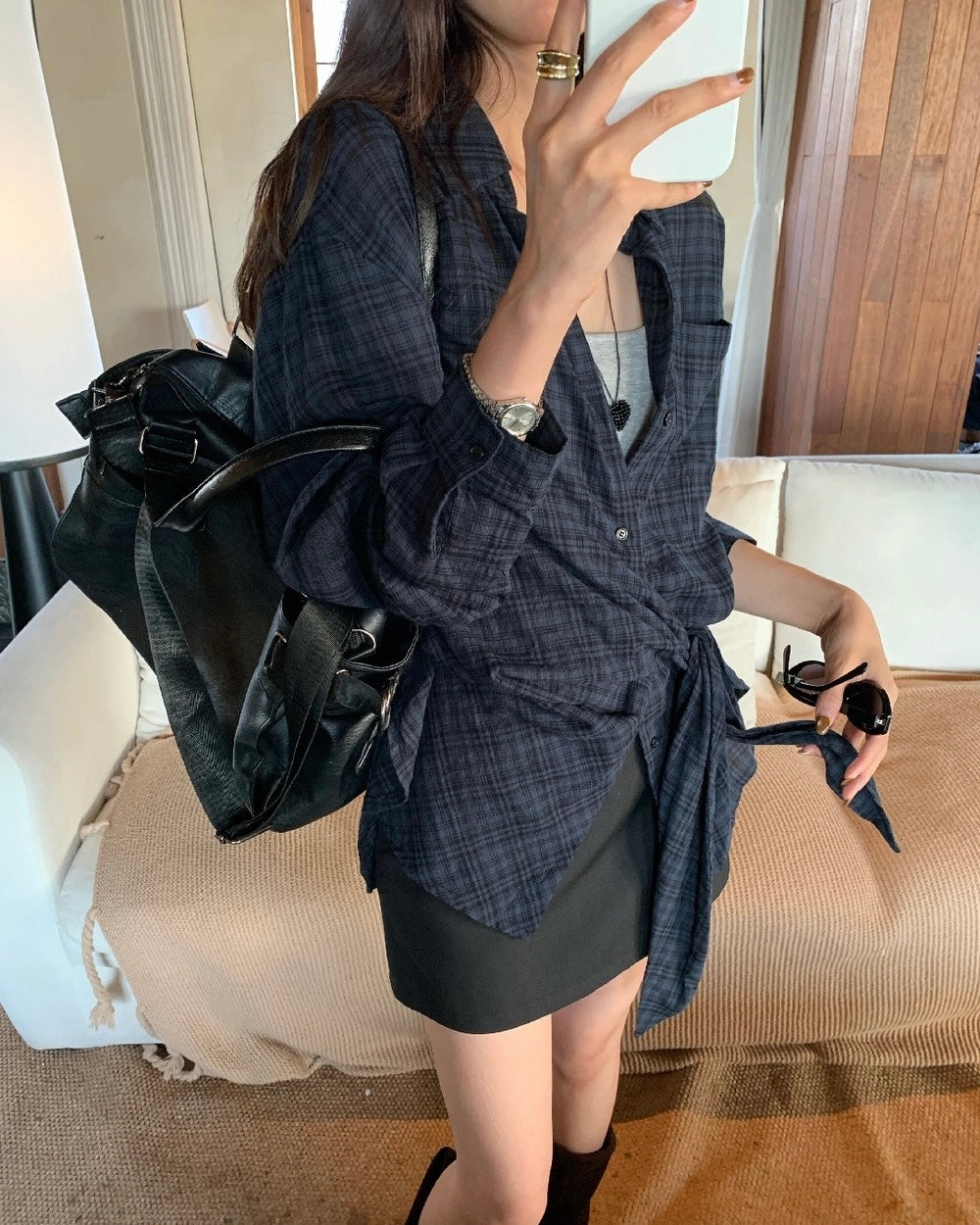 Plaid Asymmetric Tie-Waist Shirt Blouse
