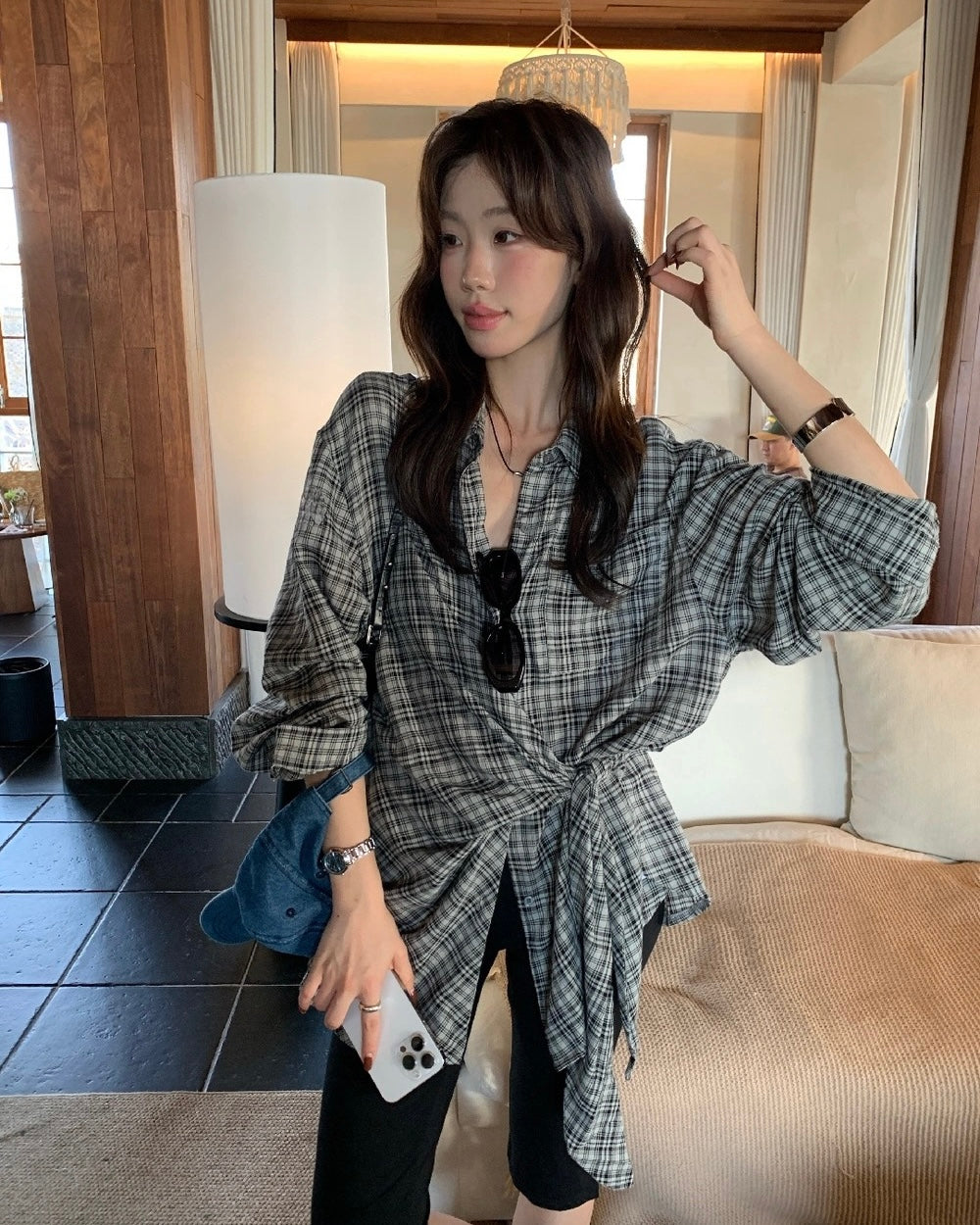 Plaid Asymmetric Tie-Waist Shirt Blouse