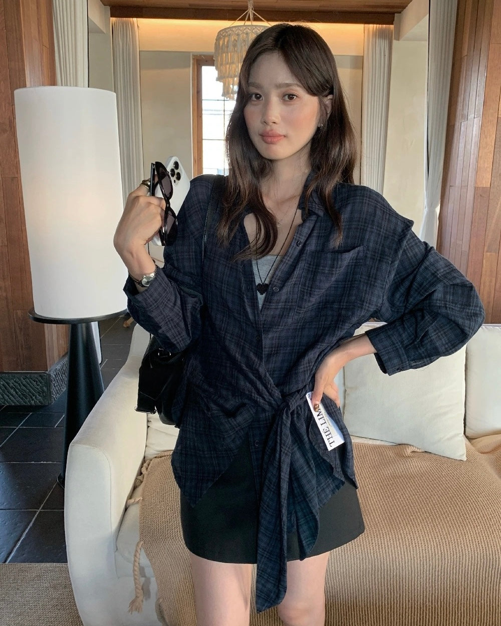 Plaid Asymmetric Tie-Waist Shirt Blouse