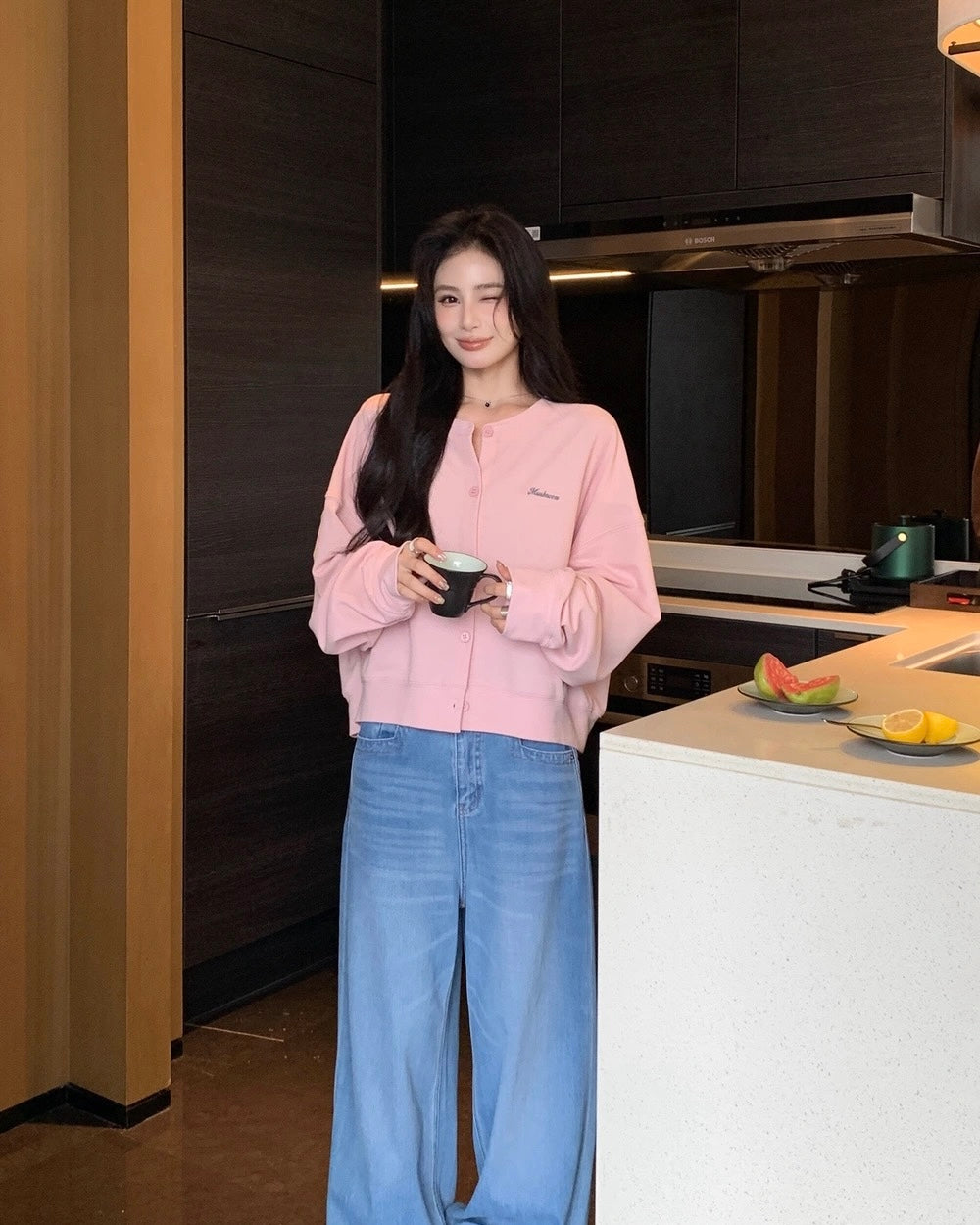 Cropped Snap-Button Sweatshirt Jacket